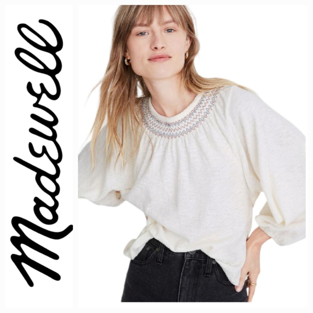 Madewell Superlight Jacquard Embroidered Smocked Top Organic Cotton XS
